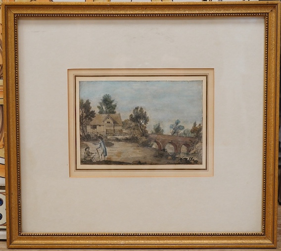 18th century, English School, ink and watercolour, Artist in a landscape, 12 x 17.5cm. Condition - fair